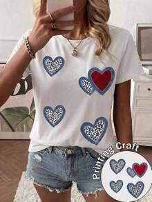 Playeras de hombre: Camiseta casual de manga corta con cuello redondo de poliéster para mujer, con detalle de corazón de perla para un estilo diario. - Blanco - Ver 2