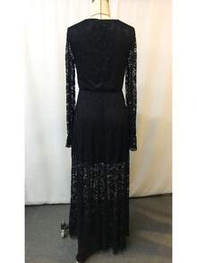 Vestido elegante de cuello V, cintura alta, encaje y manga larga acampanada, estilo europeo y americano - Negro - Ver 4