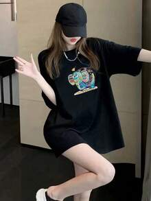 Camiseta de mujer, nuevo estilo de verano, estampado de elefante de dibujos animados, camiseta elegante de manga corta, top casual versátil y holgado. - Negro - Ver 6