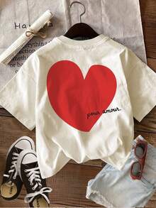 [Impresión a Doble Cara] Camiseta de Mujer para Primavera/Verano, Casual y a la Moda, con Estampado de Corazón Rojo Pintado a Mano, Cuello Redondo, Manga Corta, 100% Algodón - Albaricoque - Ver 2