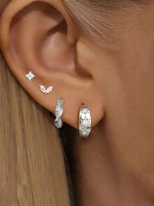 4PCS Fashion Zirconia Round Hoop Earring Set Women Temperament Flower Ear Stud Huggie Earring Tragus Piercing Cartilage Jewelry - 1-silver-4PCS - View 2