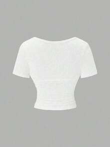 Camiseta de mujer de verano de unicolor, con escote en V superpuesto, manga corta, ajustada, versátil para vacaciones y tiempo libre - Beis - Ver 2