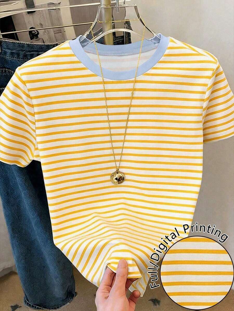 Camiseta de mujer de manga corta con cuello redondo y diseño minimalista a rayas - Multicolor 4 - Ver 1