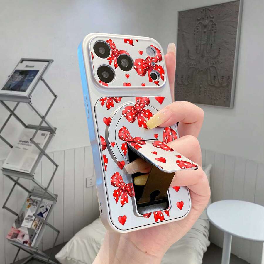 Ốp điện thoại họa tiết nơ và trái tim tối giản, tương thích với iPhone 17 Pro Max/17/17 Pro, 16 Pro Max, 16 Pro, 16, 15 Pro Max, 15 Pro, 15, 14 Pro Max, 14 Pro, 14, 13 Pro Max, 13 Pro, 13, 12 Pro Max, 12, 11 Series, ốp lưng doanh nhân gập từ tính đa chức năng mới. - Bạc - Xem 1
