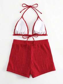 2 piezas Conjunto de bikini de unicolor con textura, tipo halter, adecuado para vacaciones de verano en la playa - Rojo - Ver 2