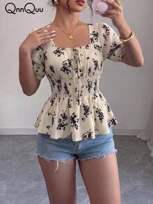 Women's Square Neck Petal Sleeve Jacquard Chiffon Top With Tie Waist And Flared Hem, Non-Stretch Regular Fit, Suitable For Vacation Summer - Apricot - View 6