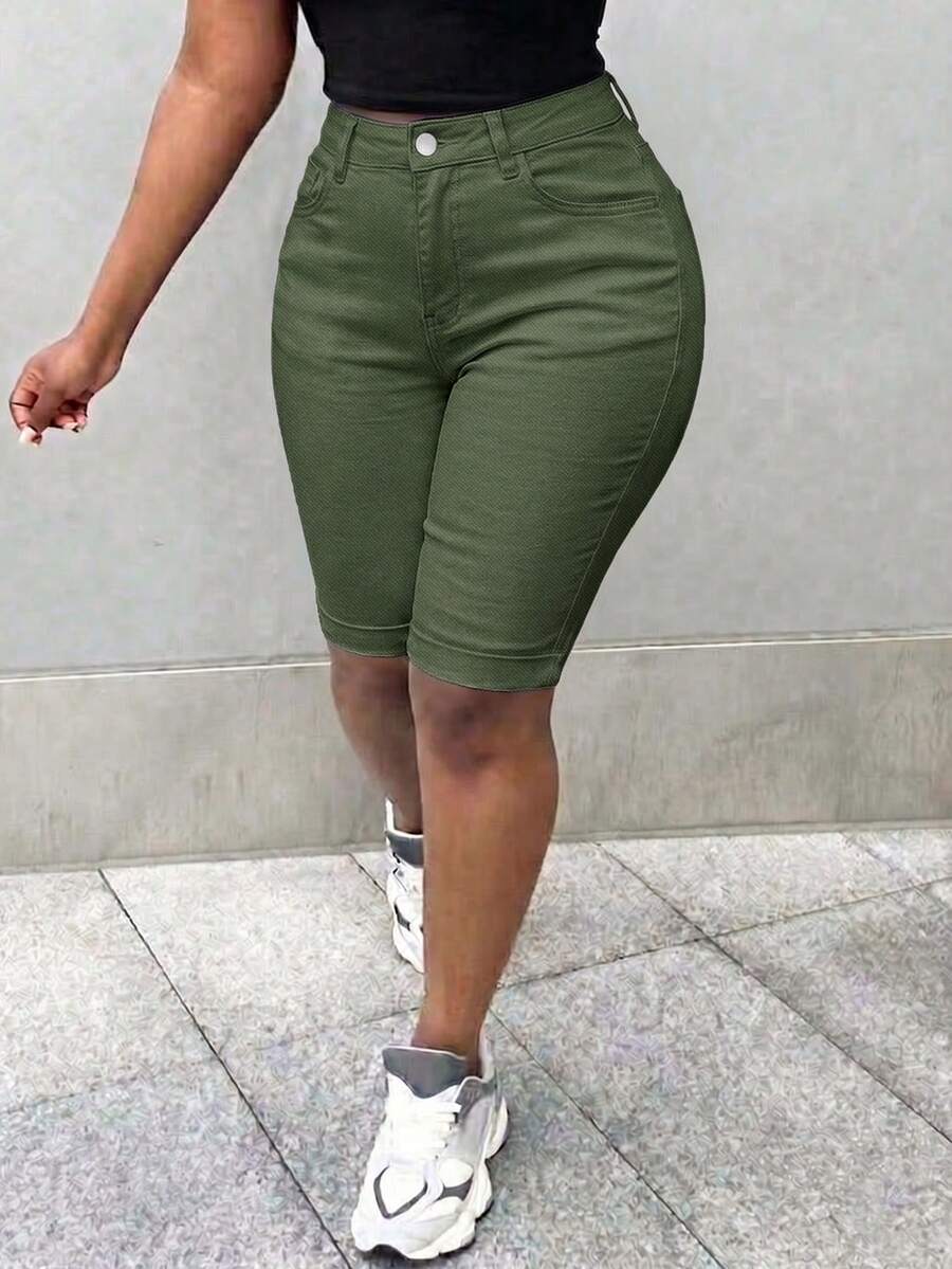 Women's Casual Distressed Elastic Denim Shorts, Suitable For Commuting And Daily Wear, Spring/Summer - Army Green - View 1