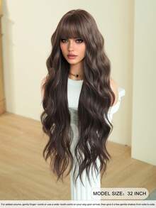 7JHH WIGS Extra Long Body Wave Dark Brown Wig For Women 32 Inch Elegant Wavy Curly Wig With Bangs, Natural Looking Soft Fluffy Synthetic Heat Resistant Fiber Hair Wig For Daily Wear, Music Festival Party Use - 深棕色 - 查看 4