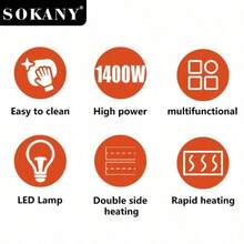 SOKANY 08127 早餐機，26cm 緊湊設計，1400W 雙面加熱，物理不沾塗層，防燙手柄，LED 指示燈，適用於家庭/宿舍/辦公室/早餐店 - 黑色 - 查看 5