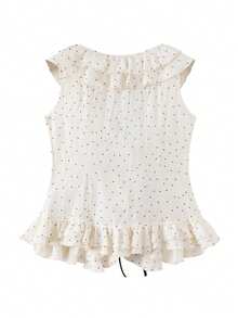 Chic Elegant Sheer Chiffon Top, V-Neck Frill Trim Polka Dot Top For Women, Summer Vacation - Apricot - View 8