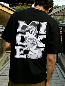 Men's Disney Varsity Mickey Mouse Tee, Retro Print, Casual Fit, College Street Style. - 黑色 - 查看 3