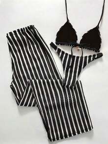 Swim Chiccia Conjunto de bikini a rayas sexy para mujer con pantalones, nueva llegada de trajes de baño para mujer 2026, adecuado para la escuela, vacaciones, citas, té de la tarde, estilo occidental, cruceros, playa, isla, viajes por carretera, todas las estaciones, festivales de música, vacaciones bohemias, vacaciones bohemias, otoño relajado, estilo occidental bohemio, blusas elegantes para mujer - Multicolor 13 - Ver 2