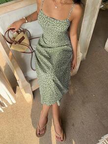 Vestido de playa con tirantes finos y estampado floral ditsy negro para mujeres - Verde Oliva - Ver 7