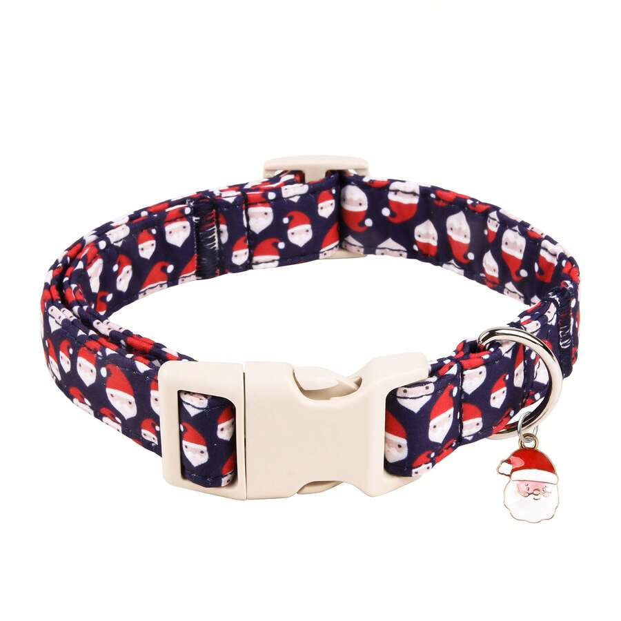 Adjustable Skin-Friendly Polyester Webbing Dog Collar, Navy Blue Background With Cute Cartoon Santa Claus Christmas Print And Matching Santa Claus Charm, Multiple Sizes For Small, Medium And Large Dogs, Practical Quick-Release Plastic Buckle And Silver Metal D-Ring, Convenient For Indoor And Outdoor Daily Wear, Harmonious And Beautiful Holiday Color Combination - Navy Blue - View 1