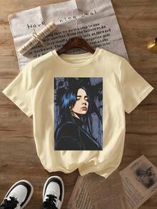 Vintage T-Shirt With Billie Black Print And Pop Culture Icons, Short Sleeves And Round Neck, Casual Style, Suitable For Spring And Summer, Fashionable Women's Clothing. - 杏色 - 查看 12