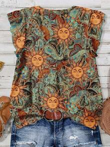 Blusa casual con cuello en V, estampado floral y volante en el bajo, adecuada para el verano - Multicolor 7 - Ver 4
