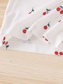 Conjunto de 2 piezas de top casual con bloque de color y falda corta de mezclilla con bordado de cereza para niñas bebé, ligero para verano - Blanco - Ver 3