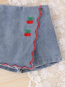 Conjunto de 2 piezas de top casual con bloque de color y falda corta de mezclilla con bordado de cereza para niñas bebé, ligero para verano - Blanco - Ver 6