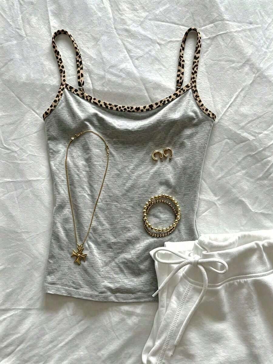 Top de tirantes informal con estampado de leopardo y parches para el verano - Gris Claro - Ver 1
