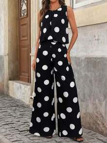Clasi Conjunto de pantalones anchos plisados con lunares blancos y negros de cuello redondo y sin mangas, holgado, elegante para uso diario, ir a trabajar, moda primavera/verano - Blanco y Negro - Ver 4