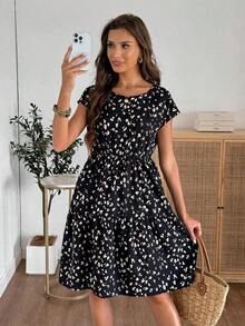 Vestido corto con cuello redondo y manga corta de estampado geométrico, casual para mujer, adecuado para primavera/verano - Multicolor 2 - Ver 3