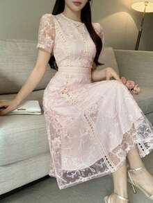 Vestido corto con adorno de encaje en las mangas, vestido mini elegante y refinado - Rosa vieja - Ver 8