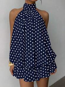 Vestido mini elegante de mujer con estampado de lunares y escote halter sin espalda - Azul marino - Ver 3