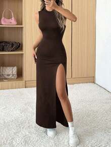 Vestido casual y elegante con abertura lateral, liviano para el verano - Marrón - Ver 3