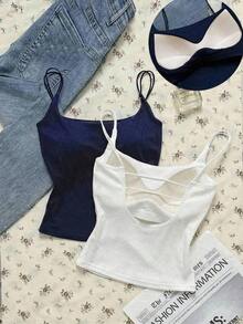 Paquete de 2 tops de camiseta acanalada con sujetador acolchado incorporado - Rosa y Negro/Lunares blancos, tops versátiles casuales para verano y uso en todas las estaciones, estilos suaves y limpios para chica, perfectos para el hogar, la escuela - Negro 9 - Ver 1