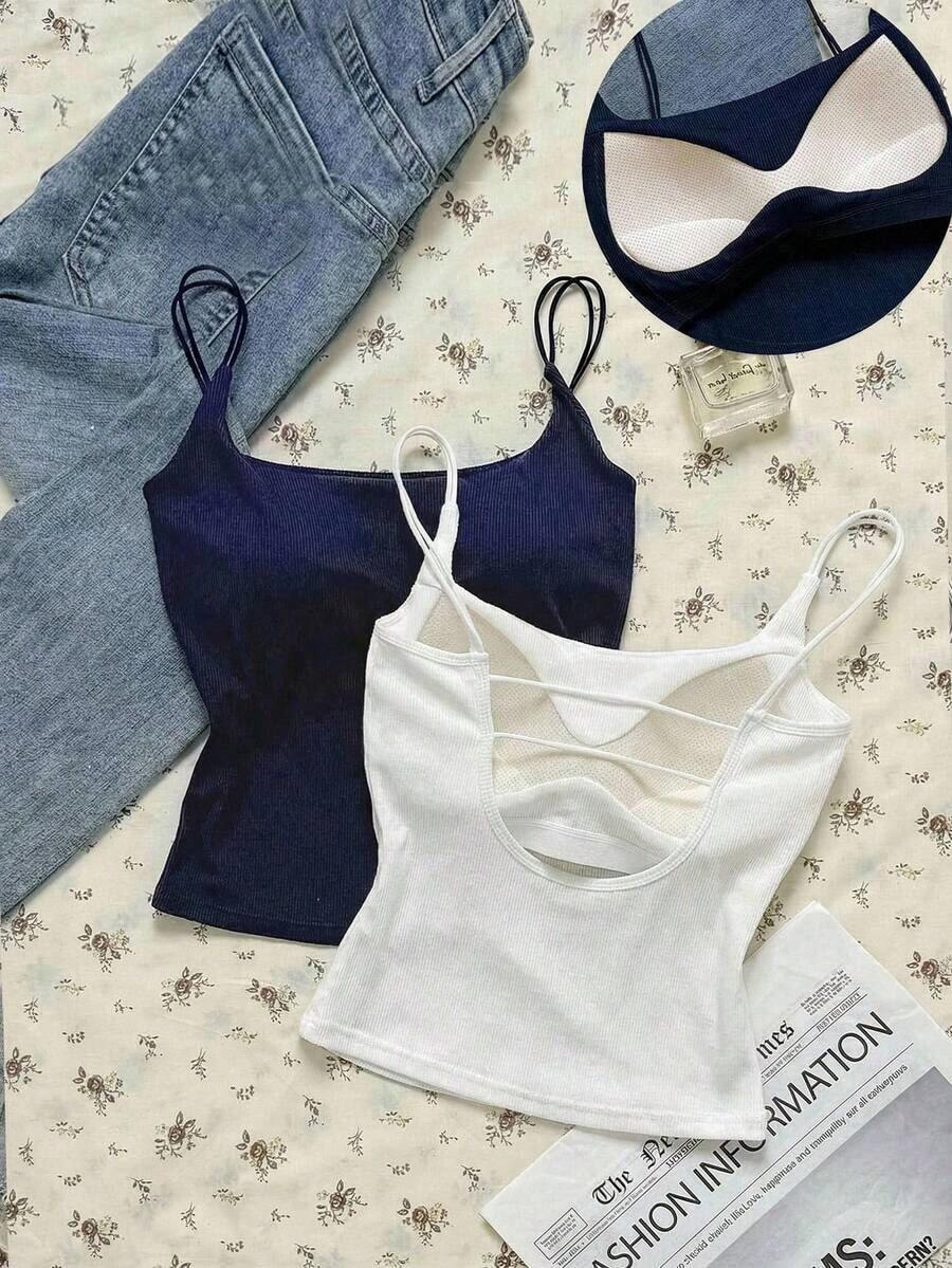 Paquete de 2 tops de camiseta acanalada con sujetador acolchado incorporado - Rosa y Negro/Lunares blancos, tops versátiles casuales para verano y uso en todas las estaciones, estilos suaves y limpios para chica, perfectos para el hogar, la escuela - Negro 9 - Ver 1