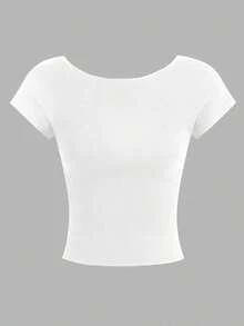 4 piezas Camisetas de mujer de cuello redondo, ajustadas, con espalda descubierta y diseño minimalista de patrones, adecuadas para el verano - Multicolor 16 - Ver 8