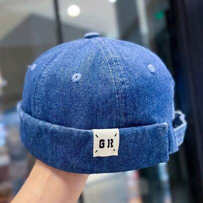 1pc Brimless Letter Patch Beanie Adjustable Solid Color Hat Unisex Adult Retro Hip Hop Street Style