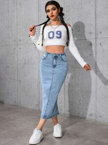 Falda vaquera de tubo casual con abertura elástica para mujer, Orgullo 4 de julio para mujer, Atuendos para maestras, Atuendos de vacaciones Vacay Primavera - Azul - Ver 5