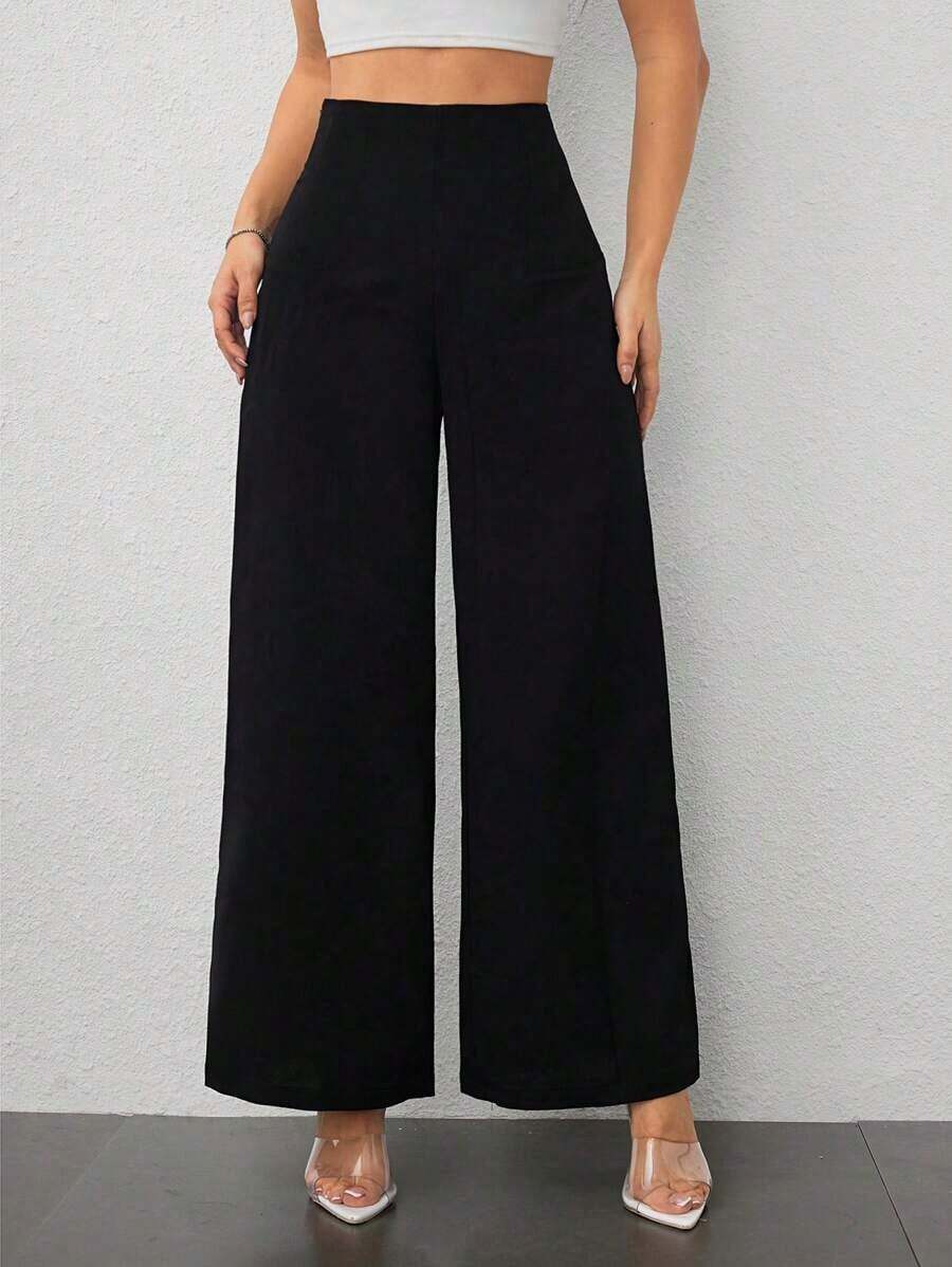 PETITE Pantalones de pierna ancha de textura de cintura alta, de estilo casual y sencillo, apropiados para ir a la escuela o para ir y venir al trabajo - Negro 2 - Ver 1