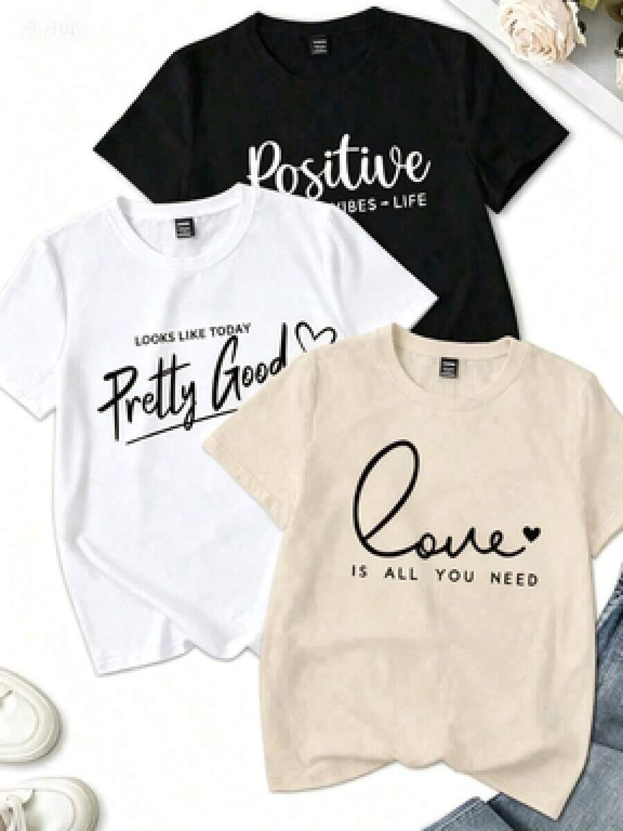 Set Of 3 Women's Short-Sleeved T-Shirts, Choose 1 Of 3 Designs. American Retro Style With City Name Prints, Soft To The Touch, Comfortable, Stylish And Versatile For Leisure, Parties And The Beach. Ideal For Holy Week And Easter. - 米色 - 查看 1