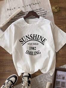 Women's Casual Short Sleeve T-Shirt - "Sunshine" Graphic Print, Loose Fit, Crew Neck, Medium Stretch, All-Season Comfort, Black With White Lettering, Perfect For Casual Outfits, Everyday Wear T-Shirt | Loose Fit Shirt | Medium Stretch Fabric Y2k T-Shirt - 白色 - 查看 1