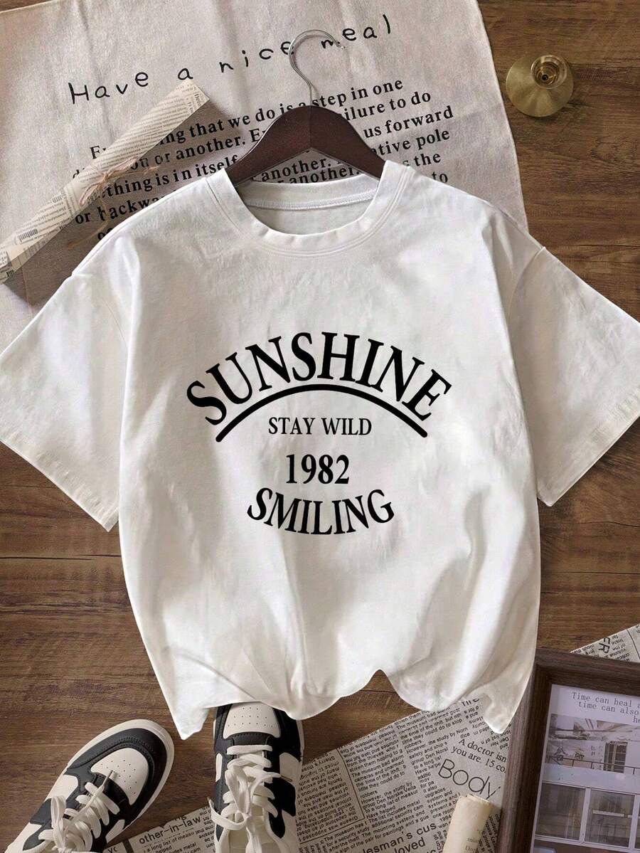 Women's Casual Short Sleeve T-Shirt - "Sunshine" Graphic Print, Loose Fit, Crew Neck, Medium Stretch, All-Season Comfort, Black With White Lettering, Perfect For Casual Outfits, Everyday Wear T-Shirt | Loose Fit Shirt | Medium Stretch Fabric Y2k T-Shirt - 白色 - 查看 1