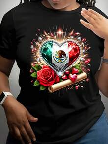 Camiseta de Algodón Negra para Mujer - Diseño de Corazón con Bandera Mexicana, con Motivo de Águila, Rosas y Pergamino, Camiseta Casual Transpirable de Cuello Redondo para Verano, Camiseta con Gráficos Patrióticos Festivos, Atuendo Casual Cómodo, Camiseta Mexicana, Camiseta con Gráficos Vibrantes - Negro - Ver 7