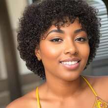 Tóc giả làm từ tóc người Brazil nguyên chất - Kiểu tóc pixie ngắn xoăn xù kiểu Afro có mái, độ dày 200%, không có ren phía trước | Tóc xoăn bồng bềnh, phù hợp cho sử dụng hàng ngày, dự tiệc và các dịp lễ hội. - Natural Black - Xem 2