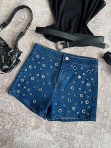 Shorts De Mezclilla Ajustados De Cintura Alta Para Outfits De Verano - Azul - Ver 2