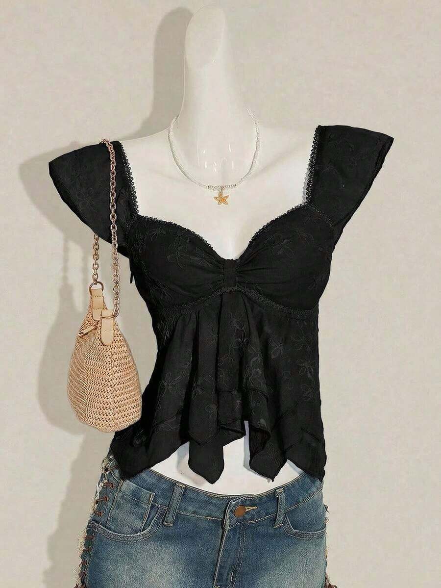 Top sin mangas con volantes, escote con pliegues, ajuste ceñido, parches de malla sexy, espalda con lazo, top casual de vacaciones - Negro - Ver 1