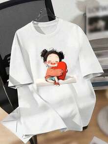 Camisetas casuales ajustadas para mujer de talla grande con la imagen de una niña con un abrigo acolchado sosteniendo la luna. Transpirables y cómodas. - Blanco - Ver 1