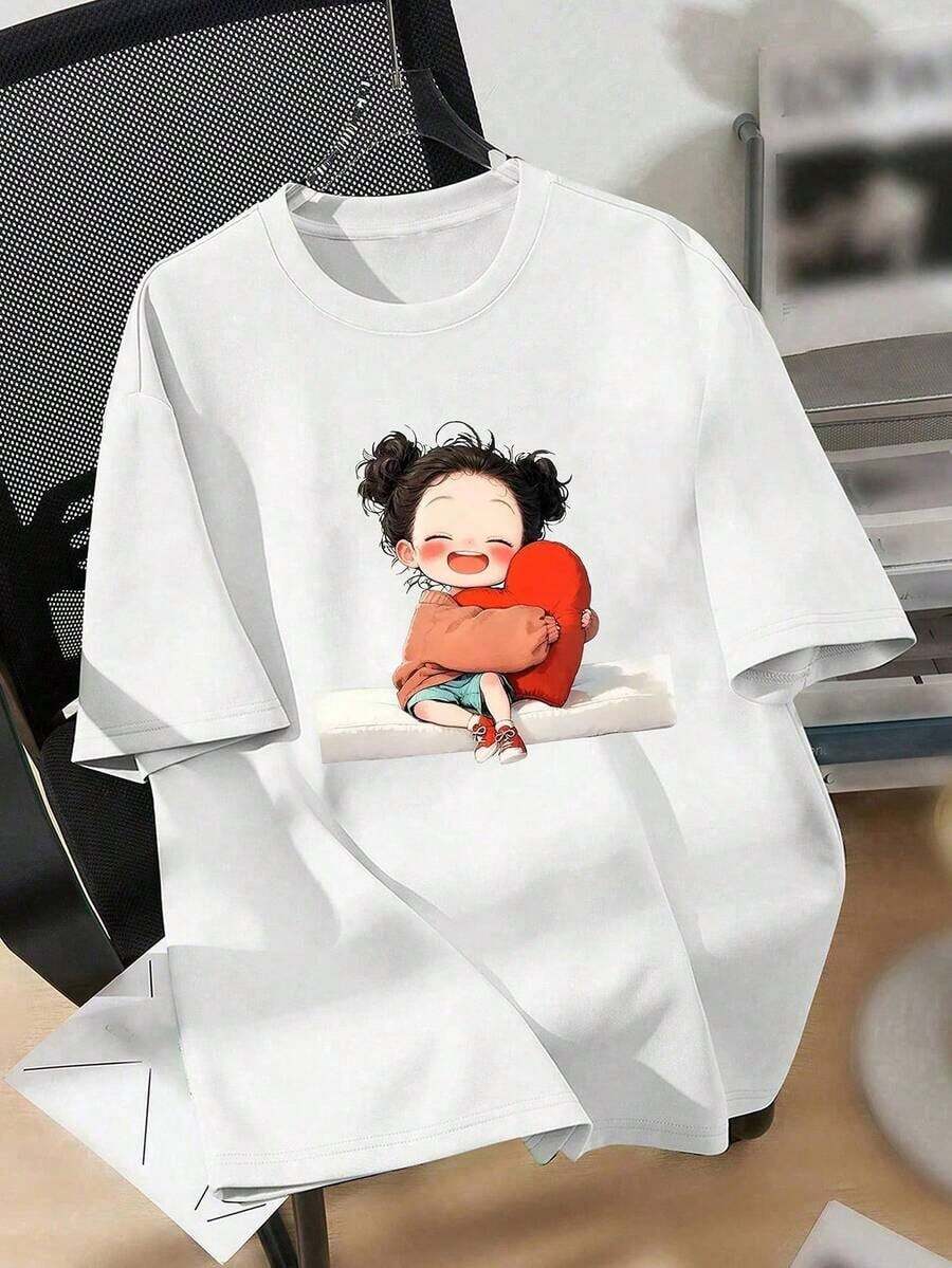Camisetas casuales ajustadas para mujer de talla grande con la imagen de una niña con un abrigo acolchado sosteniendo la luna. Transpirables y cómodas. - Blanco - Ver 1