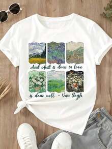 Women's Short-Sleeved T-Shirt With Graphic Print Of Van Gogh Art, Landscape, Flowers And Quotes, Casual Summer Style For Everyday Wear - Urban Vintage Style, Unisex, Loose Fit, Cotton, Round Neck And Short Sleeves. - 白色 - 查看 2