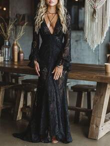 Vestido elegante de cuello V, cintura alta, encaje y manga larga acampanada, estilo europeo y americano - Negro - Ver 6
