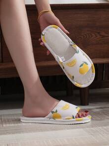 Cute Fruit Print Linen Slippers Women Breathable Anti-Slip Indoor House Slides - Orange - View 3