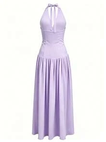 Damen Einfarbiges Seestern Metall Besatz Chiffon Saum Strandurlaub Sexy Kleid - Violett - Übersicht 2