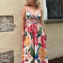 Women's V-Neck Maxi Woven Dress With Floral Print, For Spring/Summer Resort,Summer Outfits For Women,Beachwear,Easter,Beach Outfits For Woman,Spring Break,Vacation Outfits Women,Concert Outfit Women,BOHO,Music Festival,Tropical Vacation Woman Clothes,Romantic,Summer Dresses For Women - Multicolor - Ver 7