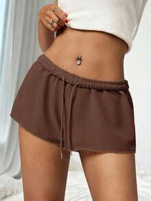 Pantalones cortos casuales sueltos de cintura elástica de unicolor para mujer - Marrón - Ver 1