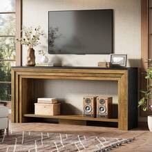 LITTLE TREE 180cm Slim Farmhouse Console Table, 2-Tier Wooden Storage Sofa Table For Hallway & Living Room - Brown - View 4